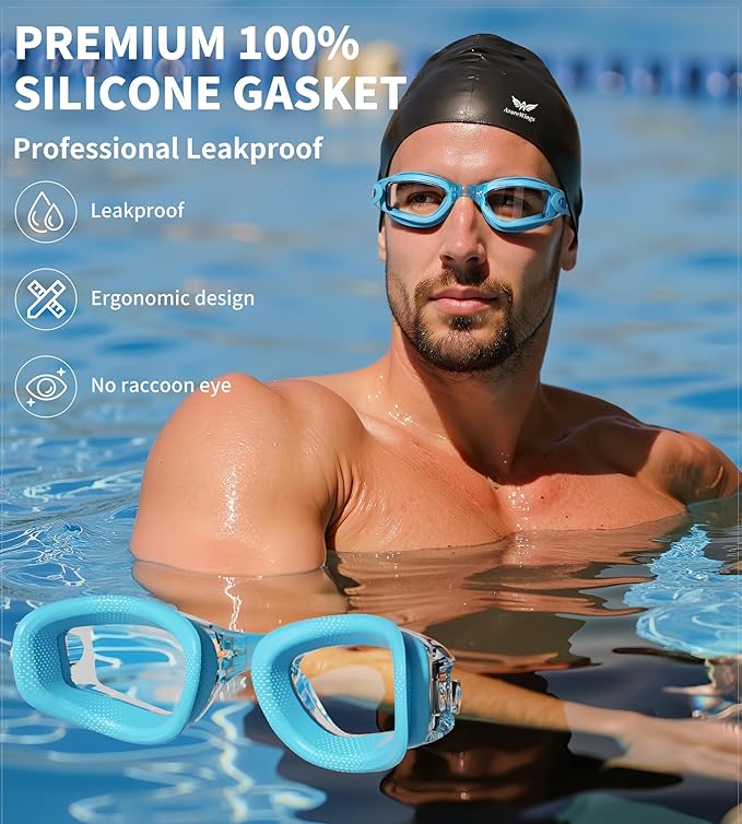 7 in 1 Swim Goggles + Swim Cap for Men Women,No Leak Anti-Fog & UV, Wide Visio HD Mirror PC Lens