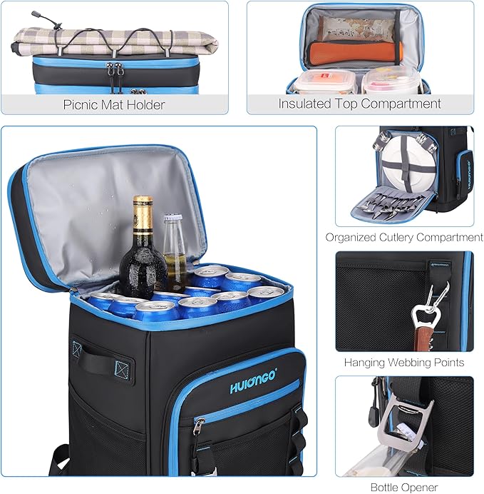 Hulongo Large Waterproof Insulated Cooler Backpack for Men & Women, Leak Proof Cooler Backpack for Camping, Beach, Fishing, Picnic, Travel, Outdoor, 30L, 48Cans