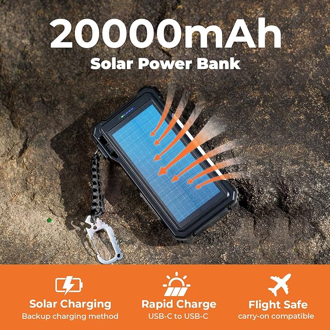 BLAVOR Solar Power Bank 20000mAh Built-in Cables, Wireless Charger for Phones & Apple Watch, 20W Fast Charging Battery Pack with USB C, Flashlight, Solar Charger for iPhone, iPad, iWatch, Samsung