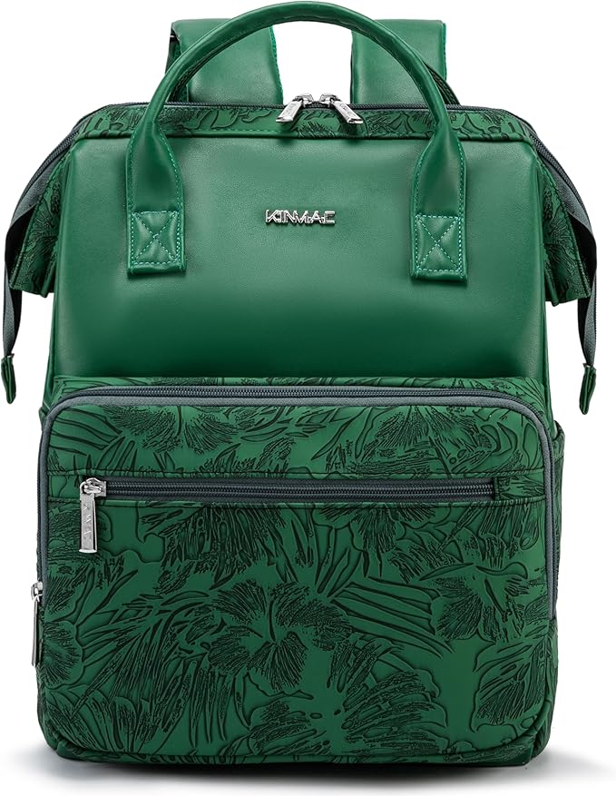 Kinmac Wide Open Style Laptop Backpack for Laptop Up to 15.6 Inch Men Women Travel Outdoor Backpack (Green Leaves PU)