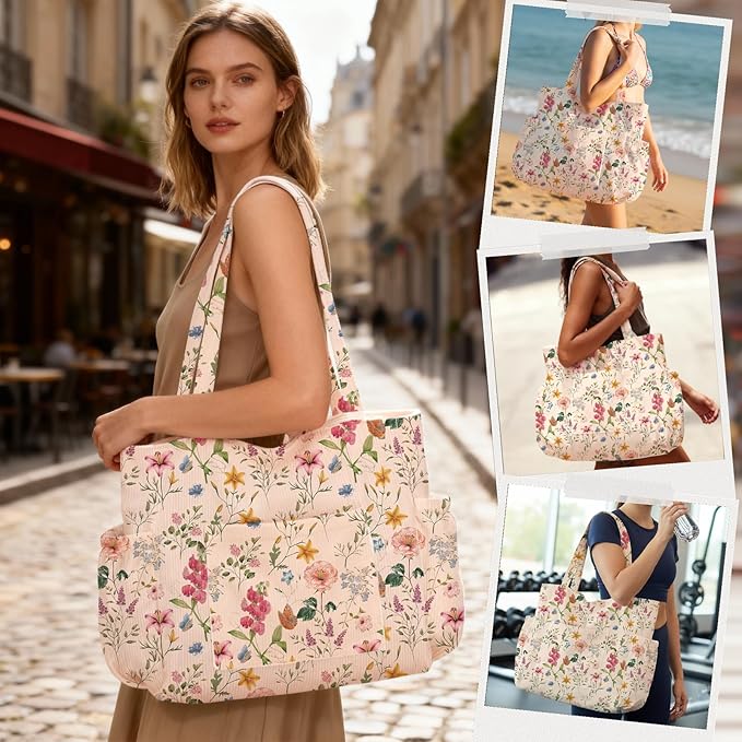 Corduroy Tote Bag for Women,Large Capacity Cute Tote Bags With 6 Pockets,Crossbody Shoulder Handbag for Work Travel Gym