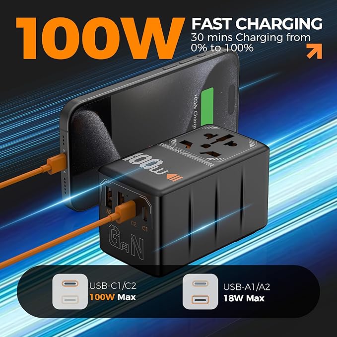 TESSAN Universal Travel Adapter, 100W GaN International Power Adaptor with 4 USB Ports (2 USB C), Worldwide Plug Adapter for US to EU Europe UK AUS France Italy Spain Ireland(Type C G A I), Black