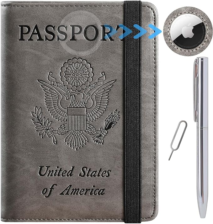 Airtag Passport Holder Cover Wallet Travel Essentials RFID Blocking Leather Card Case International Must Haves Travel Accessories for Women Men(119#Grey)