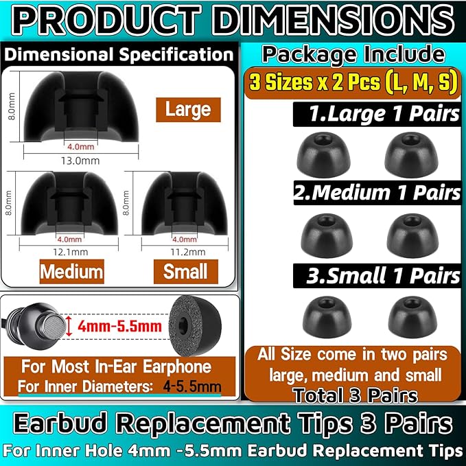 Memory Foam Earbud Tips，Replacement Earbud Tips Ear Bud Replacement Tip Memory Foam Ear Tips IEM Ear Tips Earbud Replacement Tips for 4.0mm Connect Hole Most in-Ear Headphones (S/M/L Total 3 Pairs)