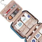 NISHEL Travel Toiletry Bag for women, Portable Hanging Organizer for Full-Sized Shampoo, Conditioner, Brushes Set, Makeup Accessories, Large Size, Lake-Blue