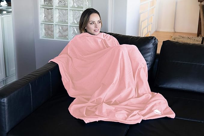 BlueHills Lightweight Travel Blanket Pillows for Two Airplane Compact Portable Traveling Essentials Flight Throws in Bag Large Plane Accessories – Pink and Gray