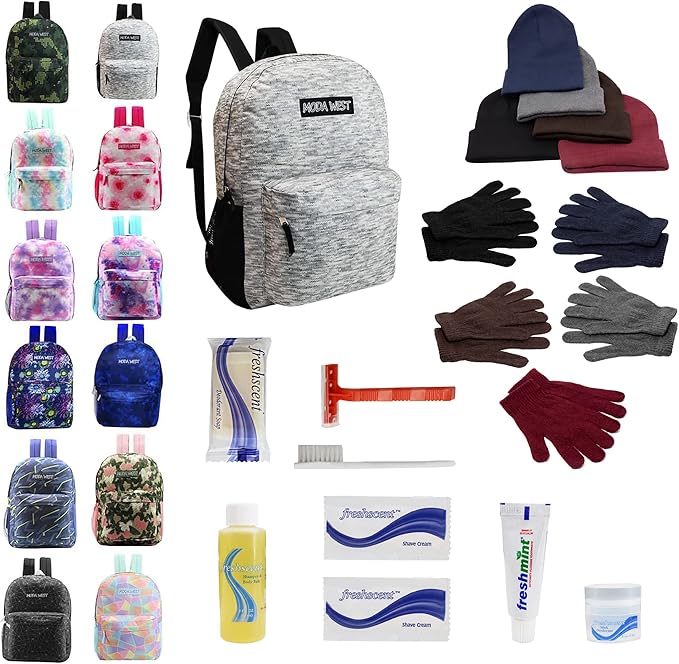 Bulk Case of 12 Backpacks, 12 Winter Item Sets, 12 Hygiene Kits - Hygiene Kits and Clothing for Emergencies, Homeless, Charity