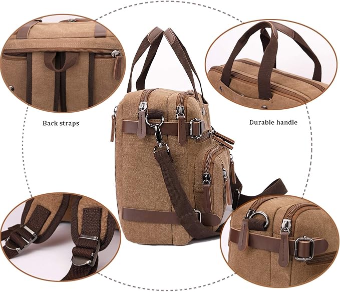 CROCOD 3 In 1 Canvas Convertible Laptop Bag for Men Women, 17.3 inch Laptop Messenger Bag Work Briefcase, Computer Shoulder Bag for Travel Business Office (17.3 Inch, Coffee) | 3 In 1, Multi-pocket