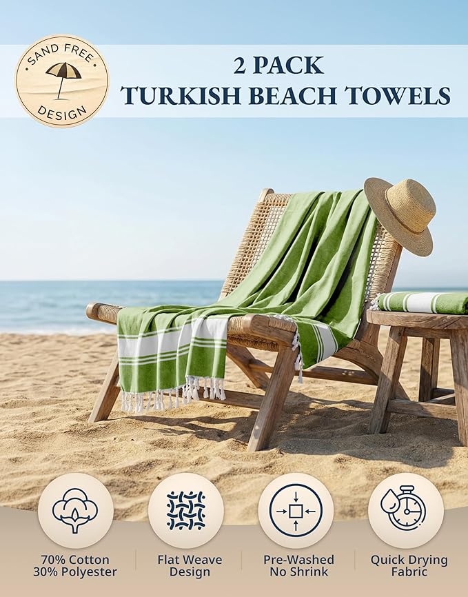 LANE LINEN Turkish Beach Towel 2 Pack, Oversized Beach Towel 39"x71", Lightweight Beach Essentials for Women, Large Pool Towel, Absorbent & Quick Dry, Sand Free Beach Towel - Jade Lime