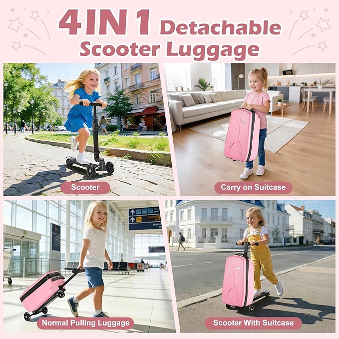 Scooter Luggage for Kids Scooter Suitcase for Ages 4-12, 4 in 1 Kids Luggage Boarding Suitcase Detachable & Foldable Scooter Travel Trolley Ride On Luggage-Pink