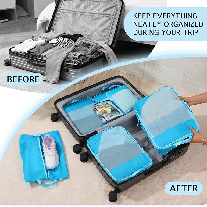 PFEYRPK Lightweight Compression Packing Cubes for Suitcases, Compressible Expandable Travel Packing Organizer with Clear Toiletries and Backpack Bag, Travel Essentials for Carry on Luggage 7 Set