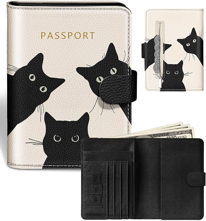 Slohif Passport Wallet Holder Cover for Travel - Women Men RFID Blocking Passport Book Case Protector, Cream Cute Black Cat Leather Personalized Organizer Slim Carrier Boarding Pass Cards Slots