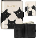 Slohif Passport Wallet Holder Cover for Travel - Women Men RFID Blocking Passport Book Case Protector, Cream Cute Black Cat Leather Personalized Organizer Slim Carrier Boarding Pass Cards Slots