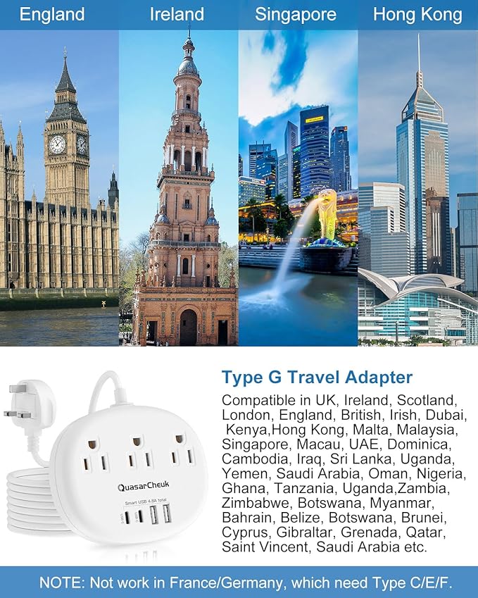 UK Ireland Travel Plug Adapter, US to UK Plug Adapter, Type G Travel Adapter with 3 Outlets 4 USB(2 USB C), 5FT Extension Cord, for US to Scotland London England British Irish Dubai Kenya Hong Kong