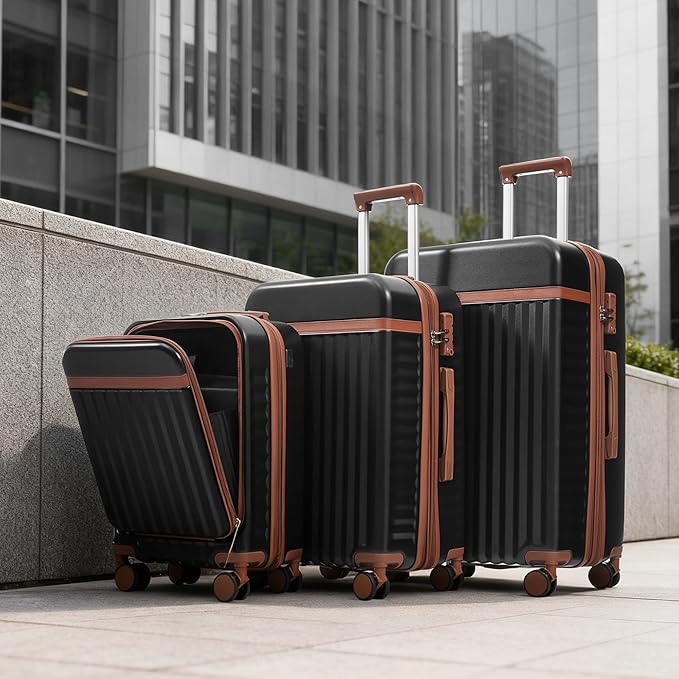 3 Piece Luggage Set ABS Hardshell Lightweight Suitcase Sets with Spinner Wheels and TSA Lock, 20 inch with Front Opening Design and USB Port, 20" Airline Certified Carry-on Luggage, 20"24"28", Black