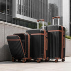 3 Piece Luggage Set ABS Hardshell Lightweight Suitcase Sets with Spinner Wheels and TSA Lock, 20 inch with Front Opening Design and USB Port, 20" Airline Certified Carry-on Luggage, 20"24"28", Black