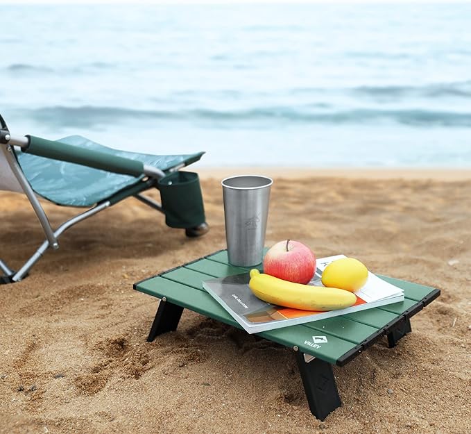 VILLEY Portable Mini Folding Beach Table, Ultralight Aluminum Side Table with Carry Bag for Camping, Picnics, and Outdoor Activities - Green