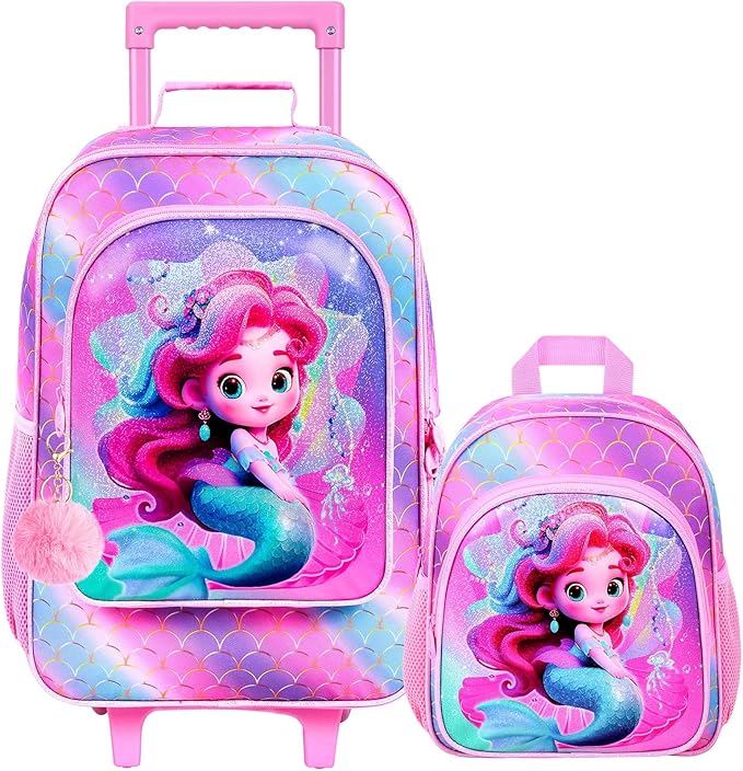2Pcs Kids Suitcase Set, Girls Carry on Rolling Luggage with Wheels, Mermaid Travel Suitcases with Toddler Backpack(Pink)