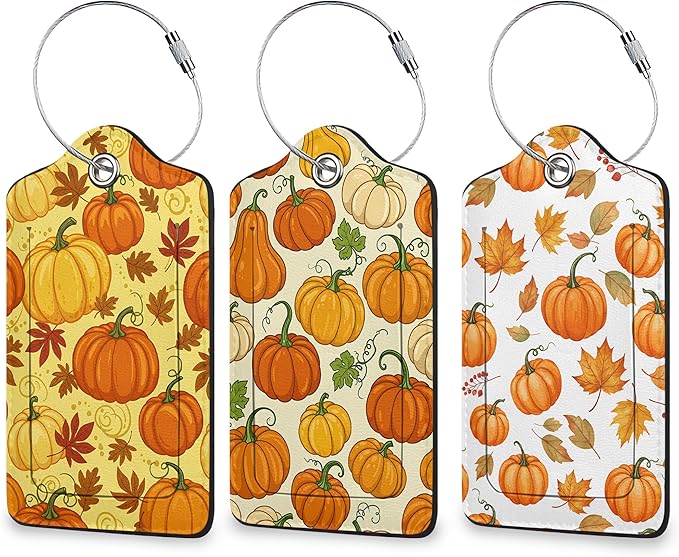 Fall Pumpkin Luggage Tags for Suitcases, 3 Pack Leather Bag Tag Identifiers with Stainless Steel Loop and Address Card for Men Women