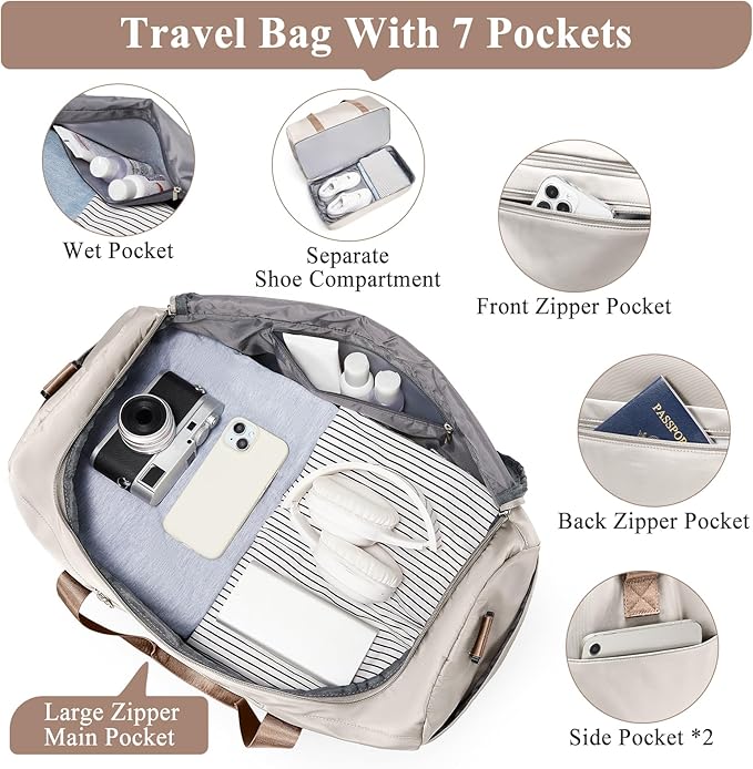 Extra Large Travel Duffle Bag,Carry on Overnight Bag with Shoes Compartment,Weekender Bags for Women for Travel Business Trips Sport Hospital,3 Pcs Set,Beige & Brown