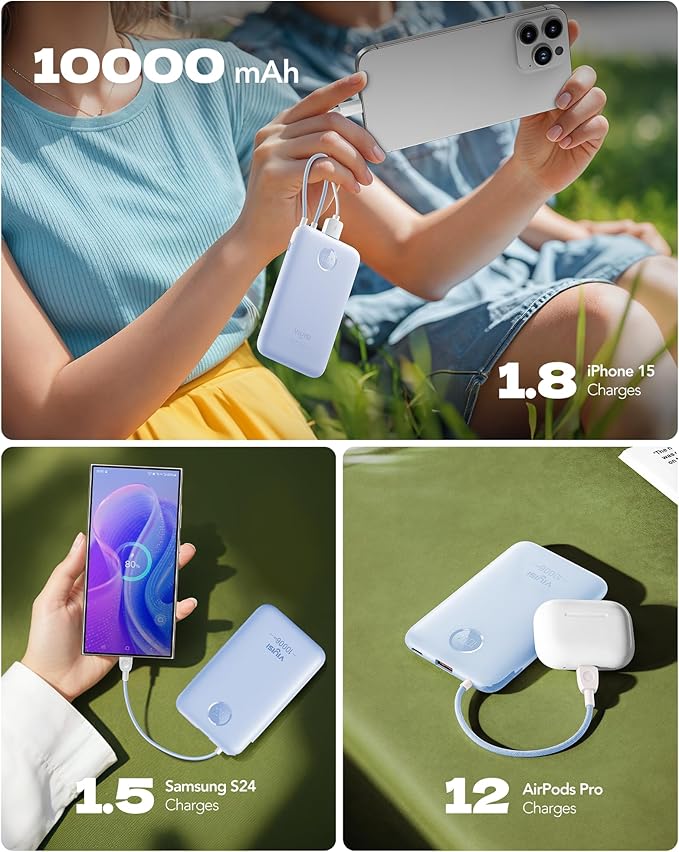 VIYISI Slim Portable Charger Power Bank 10000mAh, PD 20W Fast Charging Compact Battery Pack with Built-in USB C Cable, Travel Essential Compatible with iPhone 17 16 15, Samsung, Android - Blue