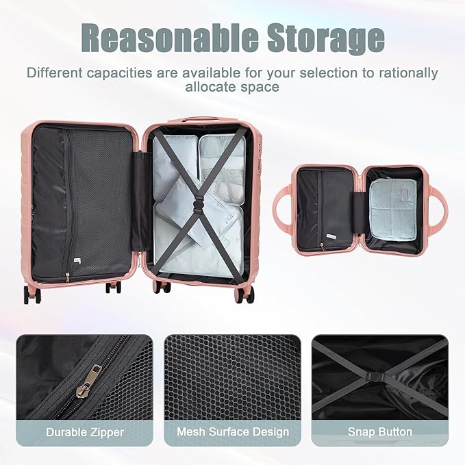 20 Inch Carry on Luggage with 14 Inch Cosmetic Case, 2 Pcs Hardshell Lightweight Durable Spinner Suitcase Set for Travel, Women, Men, TSA Lock, ABS, 20+14 Inch, Pink