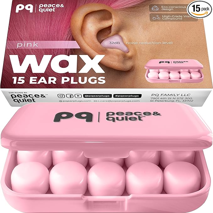 Peace&Quiet | PQ Silicone Ear Plugs for Sleeping - 15 Wax Earplugs for Sleep and Swimming, Soft Ear Covers for Sleeping, Wax Ear Plugs Noise Cancelling 32Db, Pink
