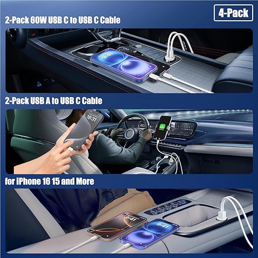 Car Carplay Cable for iPhone 17 16 15, 2-Pack [3.3FT+6FT] 60W USB C to USB C Cable And 2-Pack [3.3FT+6FT] USB A to USB C Cable for iPhone 17 16 15，for Galaxy S25 S24, for iPad, for MacBook and More