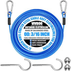 40ft Clothes Line Outdoors 3/16" Wire Ropes Blue PVC Coating Laundry Drying Clothesline with Metal Hooks and Snap Heavy Duty for Umbrella Travel Outside Camping Backyard
