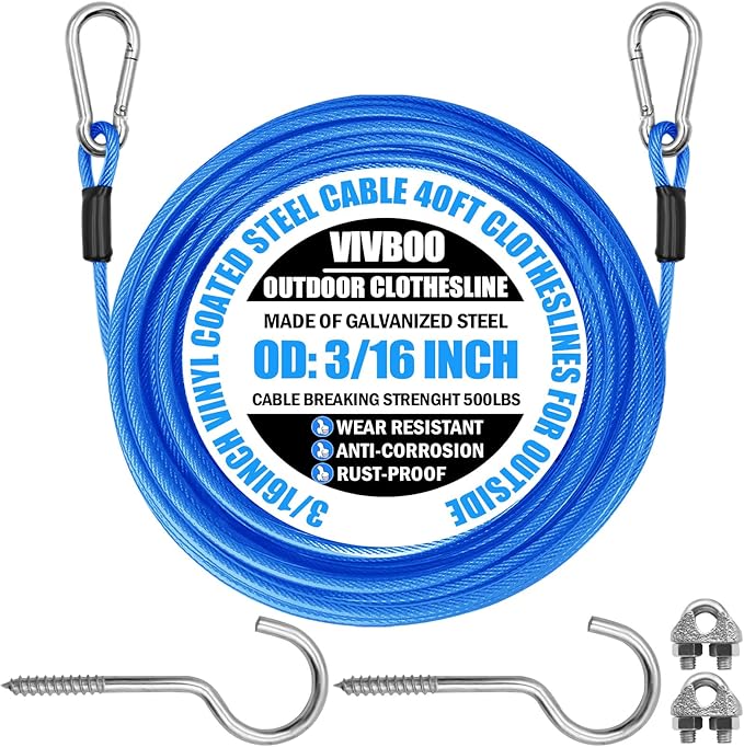 40ft Clothes Line Outdoors 3/16" Wire Ropes Blue PVC Coating Laundry Drying Clothesline with Metal Hooks and Snap Heavy Duty for Umbrella Travel Outside Camping Backyard
