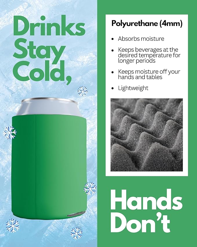 PartyPrints 25 Pack Kelly Green Blank Can Cooler Sleeves, Customizable Bulk Insulated Foam for Beer, Collapsible Plain Drink Holder, Cold Soda Insulator, 12oz Regular, 16oz Tall Cans