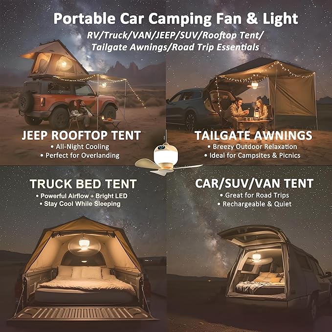 Camping Fan with Light & Remote, Portable Ceiling Fan for Tents, Canopy, Beach, RV, Car, Camper & Outdoor, Wireless Rechargeable Hanging Pop up Tent Fan - 3 Speed Breeze & Timer, 10.63 Inch