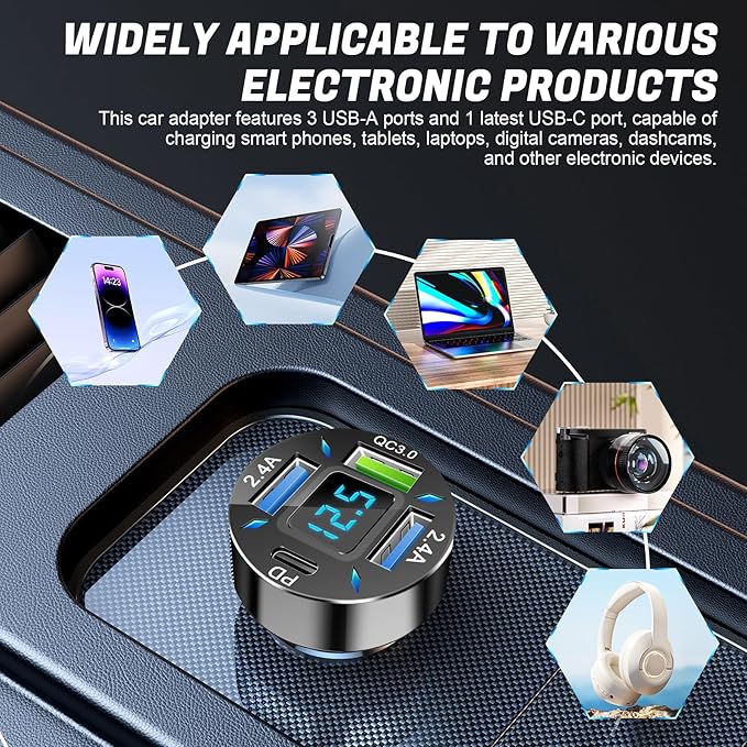 LivTee 4-Port Car Charger, 12-24V Cigarette Lighter Adapter with 3 USB & 1 USB-C Port, Supports QC/PD Fast Charging, Features Digital Display and LED Lights, Fits iPhone, Fits Samsung and More Phones