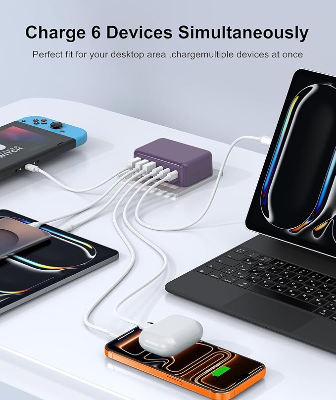 Fast Charger Block, GaN 6 Port USB C Charging Station Hub Cube, 100W Multiport Type C Wall Charger Power Strip Plug with PD 3.0+QC for iPhone 16 15 14 13 12 1 Pro Max XR XS 8 7, Samsung, iPad, Table