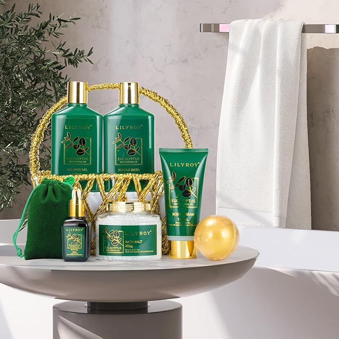 Mothers Day Gift Basket for Mom, Gifts for Women, Spa Gift Basket for Women - 9 Pieces Premium Eucalyptus Bath & Body Spa Kit for Women & Men, Gift for Valentines Day, Christmas, Fathers Day, Birthday