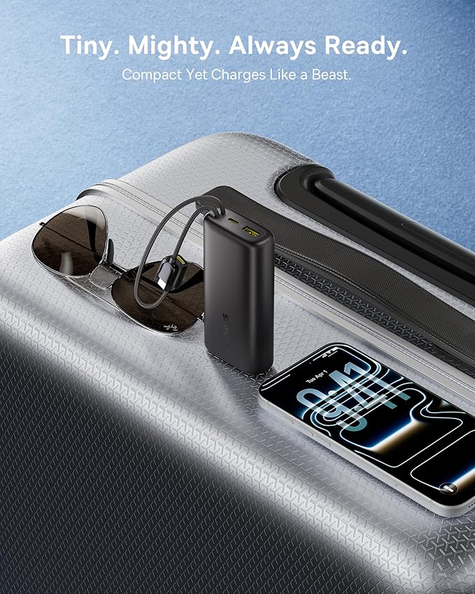 Baseus Mini Power Bank Fast Charging 67W, 10000mAh Small Portable Phone Charger Built-in Dual USB C Braided Cable, Travel Essential Battery Pack for iPhone 17/16/15, iPad, Samsung Galaxy S25/S24 etc.