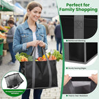 SpaceWhisper Reusable Grocery Bags with Long Handles [4 Pack] - Multipurpose Large Shopping Bags for Groceries, Foldable Grocery Totes Resist Water & Stains for Kitchen, Car Trunk, Picnic (Black)