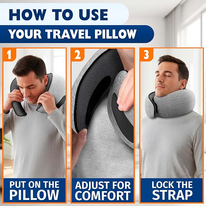 Travel Neck Pillow – 4-in-1 Set | Adjustable Memory Foam Airline Pillows for Sleeping on Long Flights, Earplugs, Eye Mask, & Cover | Cotton Cover, Hook-and-Loop Closure – Car and Train Use, G-Shaped