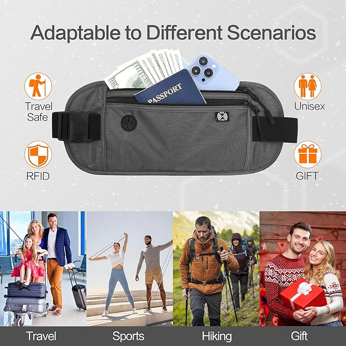 TRAVELSAFE Slim RFID Blocking Money Belt for Travel - Anti-Theft Hidden Passport Holder Waist Wallet with Secure Pouch for Cash, Credit Cards & Phone Safe (B-Dark Grey)