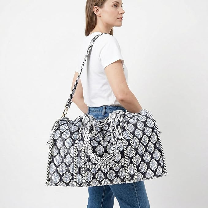 ATOSII Handblock Print 100% Cotton Large Quilted Duffle Bag for Overnight Trip, Travel Weekend Bag, Luggage, 2 Pockets with Zipper, 1 Front Pocket, Detachable Long Strap, 20 X 10 X 12 Inches, Gracie