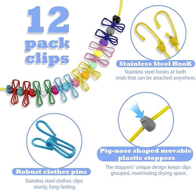 Portable Travel Clothesline,Adjustable Elastic Stretch Line with 12pcs Clothes Clips,for RV Outdoor and Indoor Camping Accessories (Yellow)