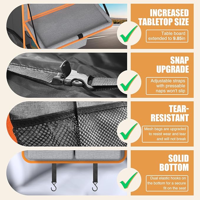 Plzpik Car Backseat Organizer with Tablet Holder,11 Storage Pockets with Foldable Food Tray, Protector Kick Mats for Kids, Travel Accessories Organizer (Orange, 2Pack)