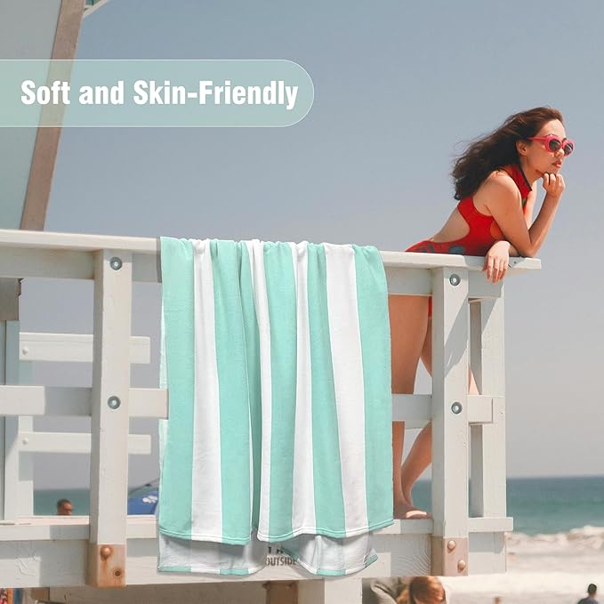 HENBAY Large Oversized Beach Towel - 35 x 70 Inch Microfiber Pool Towel, Aqua Striped Quick Dry Cabana Swim Towel