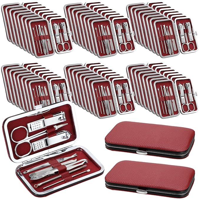 Geosar 50 Set 8 in 1 Travel Manicure Kit Bulk Professional Nail Clippers Pedicure Nail Care Tools Grooming Stainless Steel Set with Portable Travel Case, Gift for Valentine Men Women(Red)