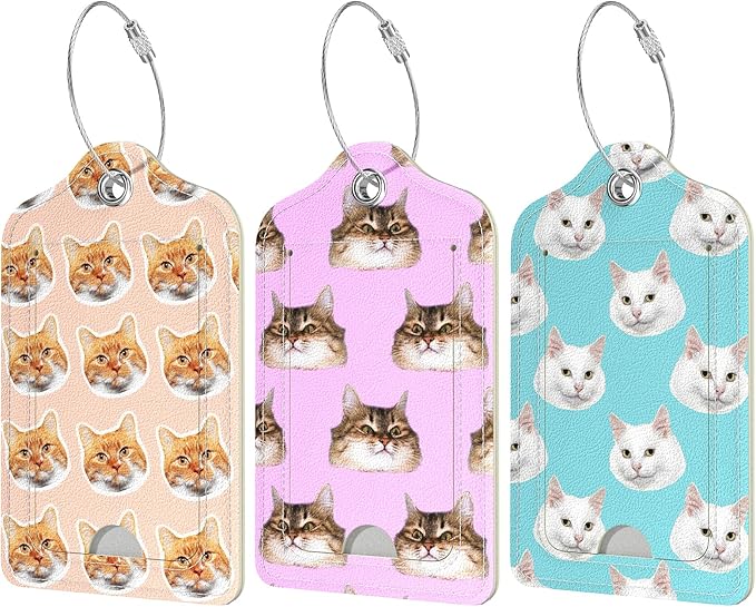 Rimilak 3 Pcs PU Leather Luggage Tags for Suitcase, Travel Cruise Luggage Tag with Privacy Flap, Name ID Label and Metal Loop for Women Men Baggage Handbag School Bag Backpack, Cute Cat