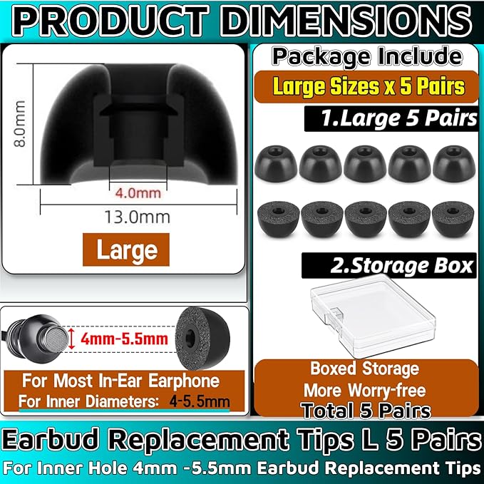Memory Foam Earbud Tips，Replacement Earbud Tips Ear Bud Replacement Tip Memory Foam Ear Tips IEM Ear Tips Earbud Replacement Tips for 4.0mm Connect Hole Most in-Ear Headphones (L Total 5 Pairs)