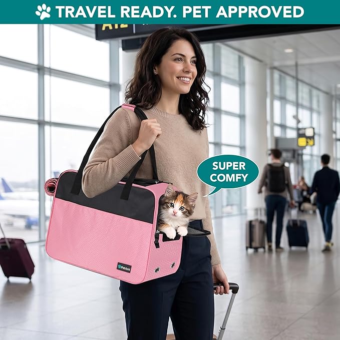 PetAmi Dog Purse Carrier for Small Dogs Cats, TSA Airline Approved Soft-Sided Pet Carrier with Pockets, Ventilated Travel Tote Bag with Bed & Shoulder Strap, Puppy Kitten, Max 12 lbs, Pink