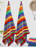 COTTON CRAFT Oversized Beach Towel - 2 Pack 35x70 XL Summer of Siam Towel Set - 100% Cotton Pool Bath Towel - Terry Jacquard Velour 450 GSM Plush Super Soft Absorbent Luxury - Multi Color Stripe