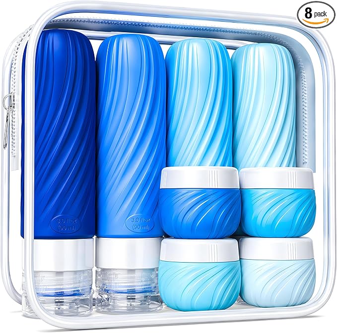 Travel Bottles for Toiletries 8 Pack: TSA Approved 3oz Leak Proof Containers - Silicone Squeezable Bottles for Shampoo Lotion - Travel Essentials for Women Men with Clear Bag