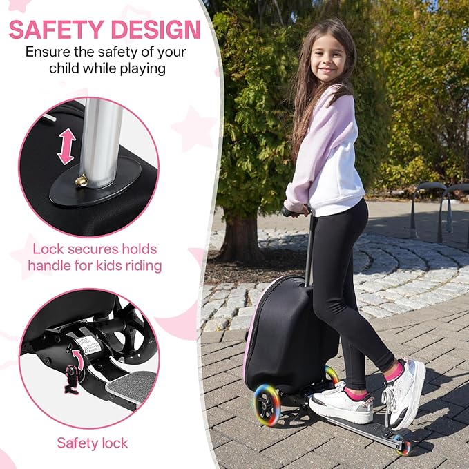 2-in-1 Kids Scooter Suitcase, 19in Large Capacity Ride-On Luggage with LED Light Wheels, Lightweight Carry-On for Fun and Travel, Durable and Cute Patterns Design for Children